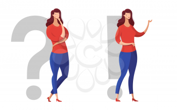 Thoughtful girls flat vector characters set. Question and answer, problem and solution metaphorical illustration. Young ladies, women making decision. Female person offering options, way-out