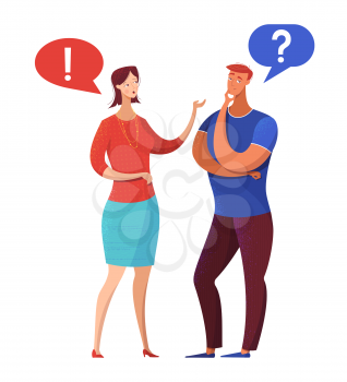 Couple having argument flat vector illustration. Husband, wife discussing problems, complaints cartoon characters. Female boss instructing male employee. Speech bubbles with question, exclamation mark