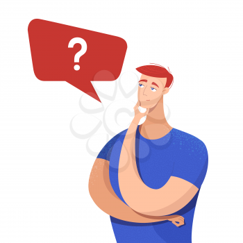 Doubtful boy with speech bubble flat illustration. Cartoon man having question, looking for solution isolated character. Confused guy with hand on chin gesture. Decision making process metaphor