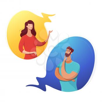 Couple dialog in speech bubbles flat illustration. Cartoon man, woman communicating, gesturing isolated characters. Thoughtful bearded guy. Gender interaction banner, poster design element
