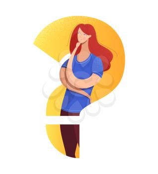Confused girl flat vector illustration. Cartoon woman in question mark silhouette isolates character. Frustrated teenager making decision. Vulnerable lady in doubt with hand on chin gesture