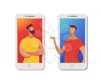Mobile communication vector illustration. Dad, son, men, friends talking using smartphone isolated characters. Mobile application for video conferencing, calls. Modern technology for online chatting