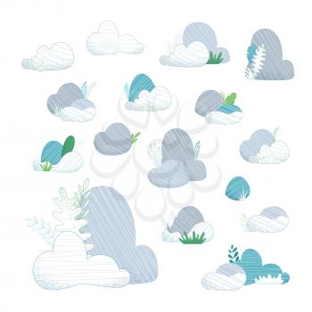 Various stones with grass and leaves on a white background. Flat illustration with linear elements.