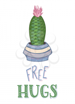 Cactus with spines and flower in pot on white background. Vector hand-drawn cartoon illustration and lettering. Can be used for greeting cards, posters, invitations, etc. 