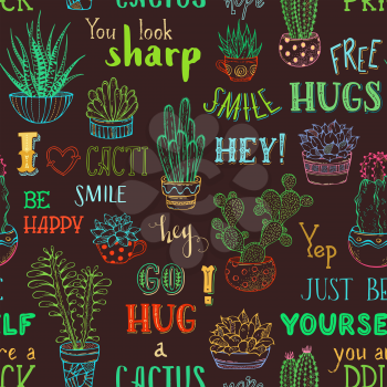 Cactuses and succulents in flower pots on brown background. Free hugs. Hug me please. You look sharp. You are a prick. Seamless pattern.