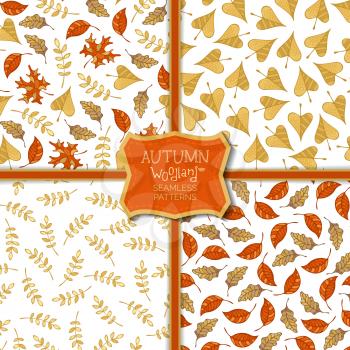 Cartoon maple, oak, rowan, ash and linden leaves on white background. Fall boundless background. Tileable elements.
