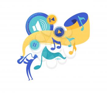 Saxophonist silhouette playing sax flat vector illustration. Multimedia app icons. Play, stop, volume control buttons. Blues performer, jazz player retro drawing. Musician with musical instrument