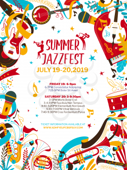 Jazz music night flat vector poster template. Summer jazz, rhythm and blues festival web banner with text space. Banjo, saxophone, drums and flute illustration. Live music concert flyer, brochure