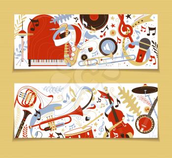 Musical instruments flat vector backgrounds set. Grand piano, trumpet, flute doodle drawing. Trumpet, violin, drums illustration. Record, microphone, french horn retro style backdrops pack