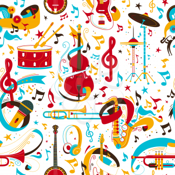 Jazz music instruments retro vector seamless pattern. Banjo, drumset, trumpet, musical notes texture. String, brass, instruments. Classical orchestra, rock concert, music festival background