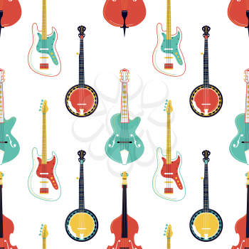 Strumming music instruments vector seamless pattern. Electric guitar, banjo, cello texture. String instruments wallpaper. Classical orchestra performance, rock concert, music festival background