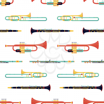 Brass instruments flat vector seamless pattern. Trumpet, trombone, flute, clarinet texture. Woodwind musical instruments. Classical orchestra, music festival, jazz performance wrapping paper