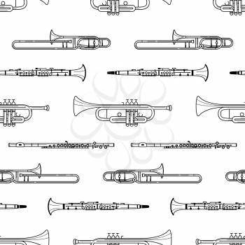 Woodwind instruments hand drawn outline seamless pattern. Flute, clarinet, trumpet line art texture. Black contour brass instruments on white background. Music festival, jazz performance vector design
