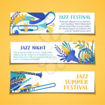 Jazz summer festival vector hand drawn banner templates set. Musical concert, performance poster. Brass instrument cartoon illustration. Music night colorful, vibrant flyers with copyspace