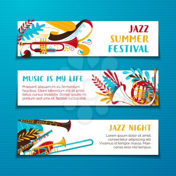 Jazz summer festival hand drawn vector banner template set. Colorful musical event invitation poster. Brass instruments cartoon sketch. Colored, vibrantusic performance flyer with copyspace
