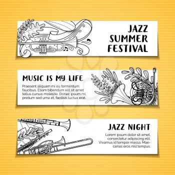 Music is my life vector hand drawn banners template set. Jazz summer festival black and white minimalist design poster layout with copyspace. Brass instruments outline illustration