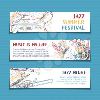 Jazz summer festival hand drawn vector banner template set. Live musical event colorful on white background minimalist poster design layout with copyspace. Woodwind instruments vibrant line art