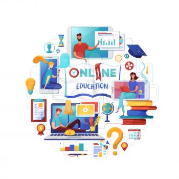 Online education web banner flat template. Electronic library, books ereading vector illustration. Students reading ebooks, pupils studying round composition. Internet video tutorials, distant classes
