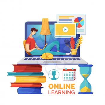 Internet courses flat vector illustration. Online lessons timetable, classes schedule. Student cartoon character watching data analysis video lesson. E learning, self education poster