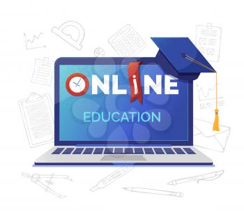 Online academic education banner flat vector template. Open laptop with typography on screen. Elearning, Internet courses, university and school distant program. Graduation cap illustration