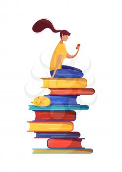 E reading flat vector illustration. Digital library archive isolated clipart on white background. Girl, sitting on books pile, reading ebook cartoon character. Internet self education, remote work