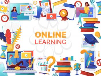 Online self education web banner flat vector template. Elearning, Internet courses and remote business analytics classes poster design. Woman reading ebooks, man watching video tutorials characters