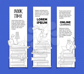 Digital library readers outline vector templates set. Digital library archive, ereader, elearning web banners pack with text space. Online courses, Internet lessons and remote classes advertisement posters