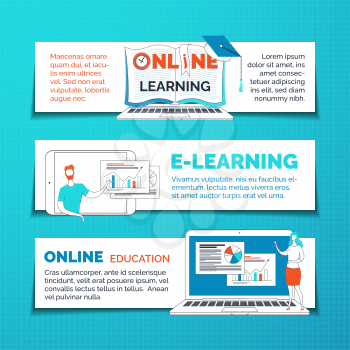 E learning and remote education web banners flat templates set. Data analytics, infographics visualization Internet course illustrations pack. Video tutorials, business presentations posters design