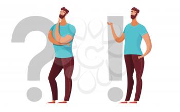 Man, question, exclamation mark flat illustration. Serious boy considering problem, looking for solution. Male expert making decision. Bearded guy with hand on chin gesture isolated character