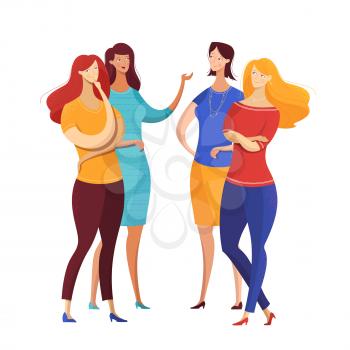 Girls conversation flat vector illustration. Group of women sharing news, secrets, gossiping isolated characters. Bachelorette party interaction, dialogue. Female colleagues talking while lunch break
