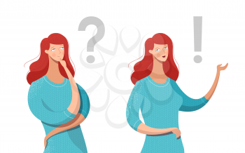 Thinking woman flat vector characters set. Cartoon girl deciding, considering options with hand on chin. Confused lady suggesting solution, answer isolated character. Question, exclamation mark