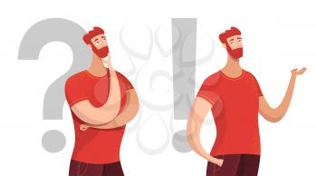 Man making decision flat vector characters set. Cartoon boy near question, exclamation mark. Thoughtful guy with hand on chin gesture. Bearded man found solution, answer, wayout