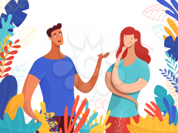 Boy speaking with girl flat vector illustration. Young man convincing thoughtful lady. Doubtful woman with hand on chin gesture. Couple, husband, wife dialog, communication. Making decisions, plans