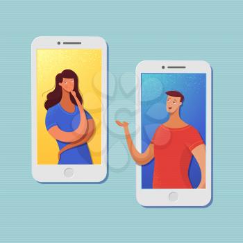 Couple making video call flat vector illustration. Cartoon boy, girl chatting online, video conferencing. Thoughtful lady, guy on smartphone screen, display. Modern communication technology, gadget