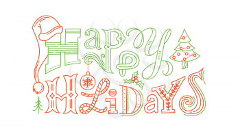 Happy holidays vector color outline typography. Creative Xmas typography with winter festive doodles. New Year greeting card, banner, poster design with congratulation phrase. Christmas wishes