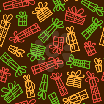 Festive presents vector seamless pattern. Birthday, Christmas holidays linear surprises with ribbons background. Gifts with bows backdrop. New Year, b day celebration wrapping paper, textile design