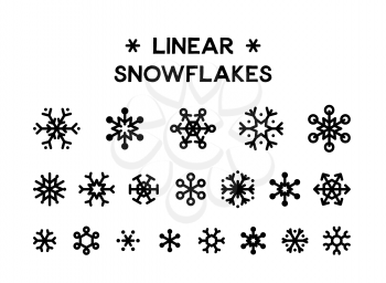 Snowflakes linear vector illustrations set. Winter season decorations isolated cliparts. Various shapes frozen black snow flakes icons pack on white background. Christmas holidays design elements