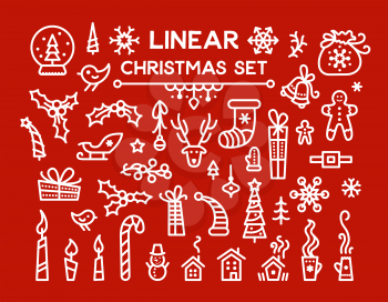Christmas vector linear illustrations set. Winter holiday white symbols on red backdrop. Gingerbread cookies, mugs contour icons pack. Xmas isolated cliparts collection. New Year festive decoration
