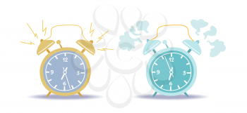 Ringing alarm clocks vector illustrations set. Cartoon timepieces color drawings pack. Morning, forenoon, wake up time, awakening concept. Alert, deadline. Bedroom vintage watches collection