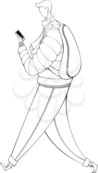 The guy wearing winter clothing. Hand-drawn contour vector illustration. Black and white.