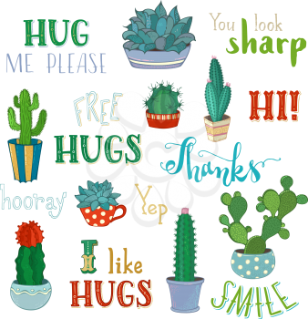 Cactus and succulent plants in flower pots. With spines or flowers and without. Hug me please. You look sharp. Free hugs. Thanks. I like hugs. Smile. Hooray.
