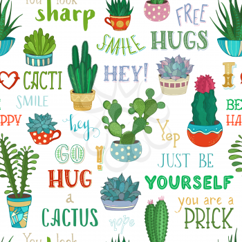 Cactuses and succulents in flower pots. You look sharp. Free hugs. Just be yourself. You are prick. Go hug a cactus. Boundless background.