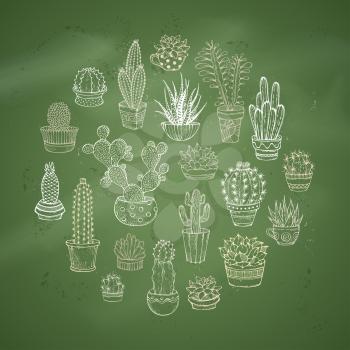 Chalk doodles cacti on green blackboard background. Various hand-drawn cactuses and succulents in flower pots and cups with spines and flowers.