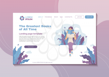 The greatest books of all time landing page template. Top rated literature books web banner. Young smiling woman reading book outdoor vector illustration. Literary club review, bookstore blogging.