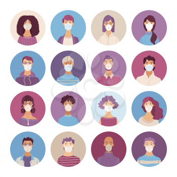 Women and men wearing safety breathing masks icons set. Respirators and medical masks. Disease, flu, coronavirus COVID-19, air pollution, allergies. Vector flat portraits young and aged people.