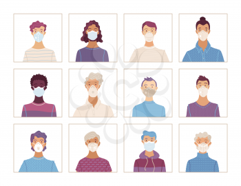 Men wearing safety breathing masks. Respirators and medical masks. Vector icons set. Disease, flu, air pollution. Flat portraits of Caucasian, Afro-American, Asian. Young and aged. Cartoon avatars.