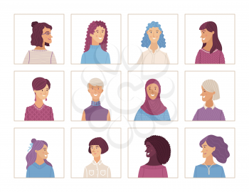 Flat women portraits set. Vector face icons. Hand-drawn various nationalities. Caucasian, Afro-American, Muslim. Blonde, brunette, and gray hair. Cartoon avatars for account, game, or forum.