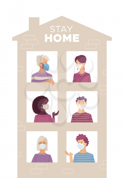 People wearing medical masks at home. Stay at home motivational concept. Coronavirus protection and prevention. People look out of house windows. Self-isolation and quarantine cartoon illustration.