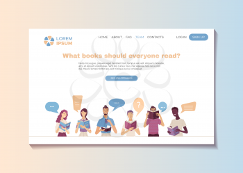 What books should everyone read landing page template. Young smiling people reading books cartoon vector illustration. Reviews of most interesting and popular books. Bestsellers and masterpieces guide
