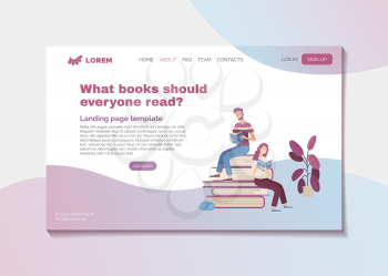 What books should everyone read. Bestsellers and masterpieces guide landing page template. Young smiling people reading books cartoon vector illustration. Reviews of most interesting and popular books